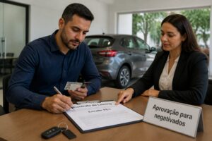 A man signs a car leasing contract with a consultant while a compact hatchback sits in the showroom behind them.