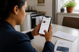 A Brazilian woman applies for a Novucard Visa credit card on her smartphone while the card rests on the table.