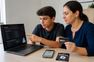 Teen boy and his mother using a laptop on the Roblox Robux page while holding a gift card and a bank card at a home desk