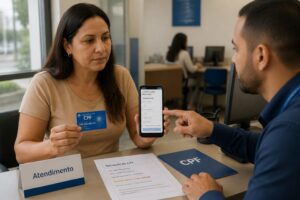 A Brazilian woman holds a CPF document and applies for a Novucard credit card on her phone while a bank attendant helps at a desk.