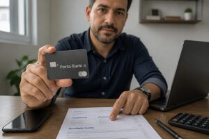 Brazilian man holding a Porto Bank credit card while pointing to a statement showing cashback and points with no annual fee.