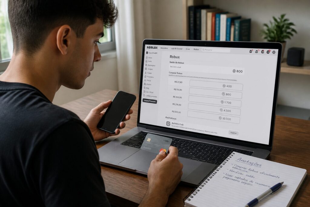 A young adult uses a laptop showing the Roblox Robux page while holding a smartphone and a credit card at a home desk.