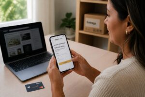 Brazilian woman applying for an Amazon Mastercard on her smartphone at a home office desk with a credit card nearby