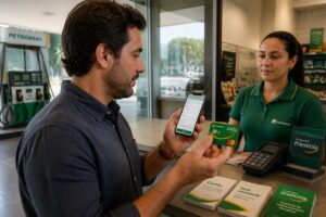A Brazilian man at a Petrobras gas station counter applies for the Petrobras Premmia card on his smartphone while holding the card, with an attendant nearby.