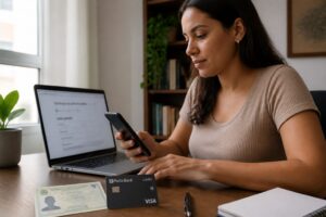 A Brazilian woman applies for a Porto Bank credit card using a laptop website and a smartphone app at a desk.