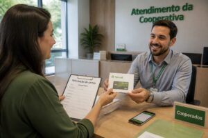 A woman at a Sicredi cooperative branch receives a Sicredi credit card from a bank attendant while holding a card request form.