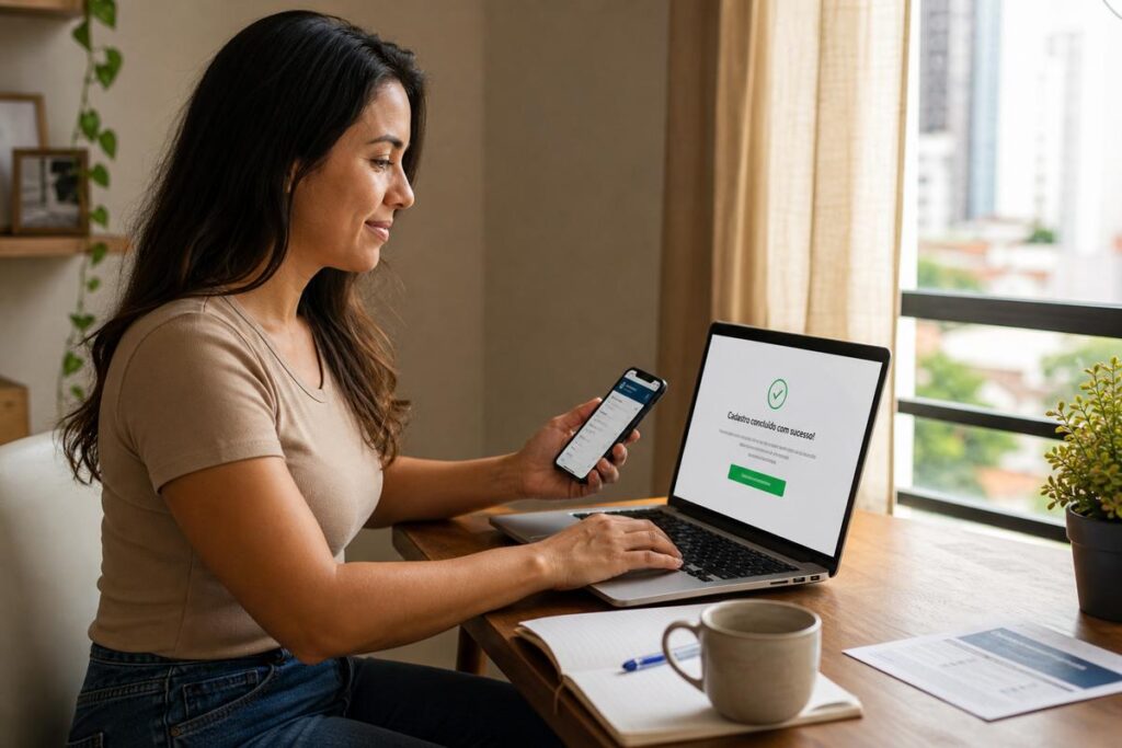Mulher sorrindo enquanto usa um notebook e um celular em casa, com a tela exibindo a mensagem de cadastro concluído com sucesso.
