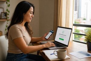 Mulher sorrindo enquanto usa um notebook e um celular em casa, com a tela exibindo a mensagem de cadastro concluído com sucesso.