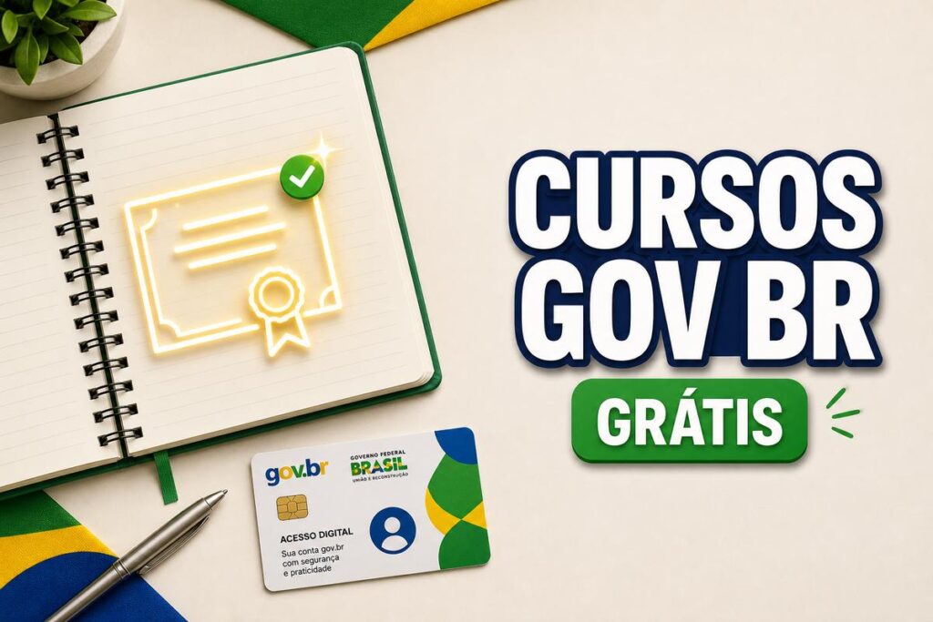 Imagem promocional de cursos gratuitos do Gov.br, com caderno, certificado, cartão de acesso digital e elementos nas cores do Brasil.